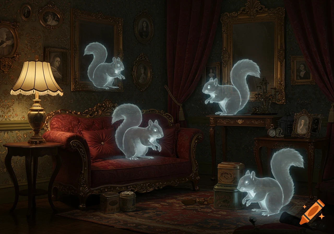 Five translucent squirrel ghosts float around a dimly lit, richly decorated Victorian parlor with red velvet furniture and framed portraits.
