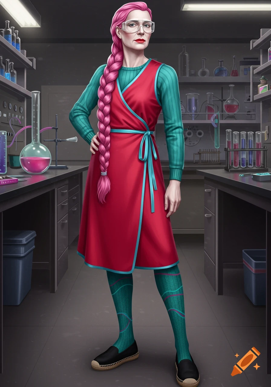 A middle-aged woman with a long pink braid and safety glasses stands in a lab, wearing a red wrap dress and teal sweater.