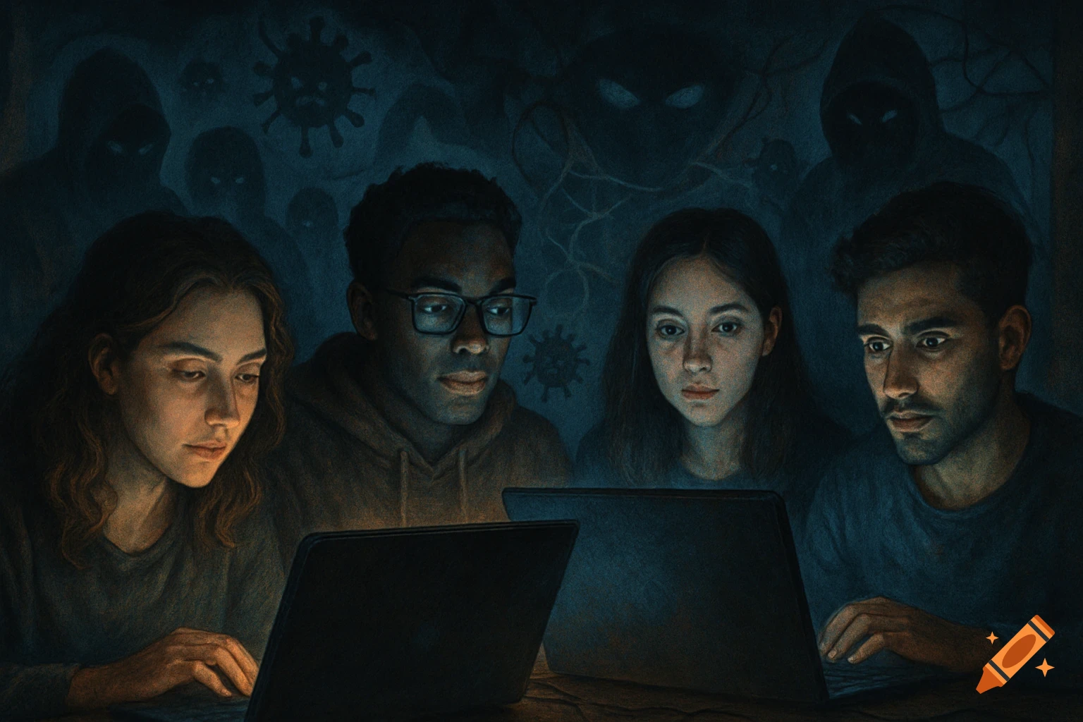 Four young adults look intently at laptops in a dark, illustrative scene, with shadowy figures and virus symbols in the background, conveying digital threats.