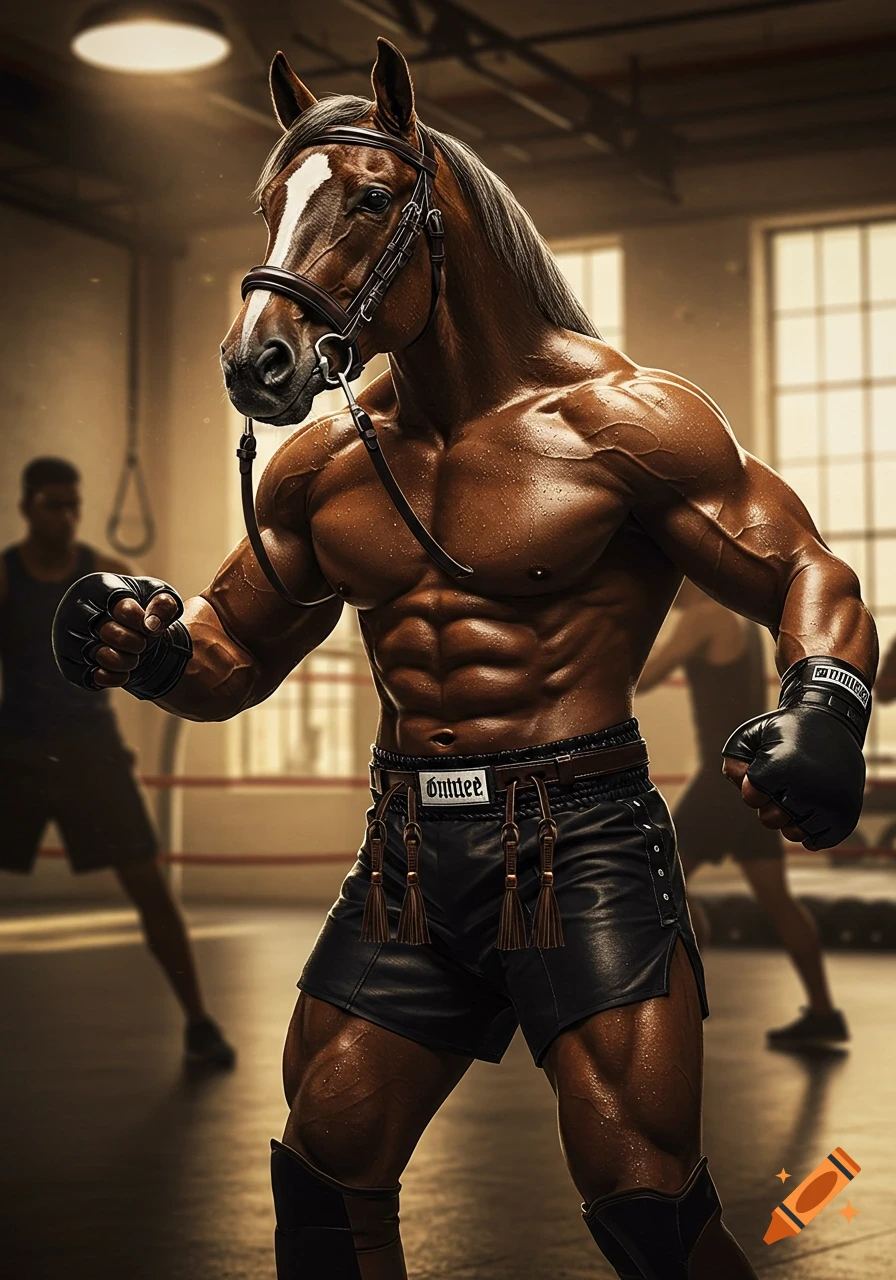A muscular boxer with a horse head and bridle wears black shorts and boxing gloves, posing in a dimly lit gym.