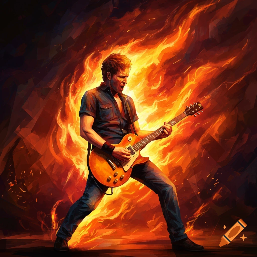 A male guitarist passionately plays an electric guitar surrounded by vibrant flames, in a stylized digital art style.