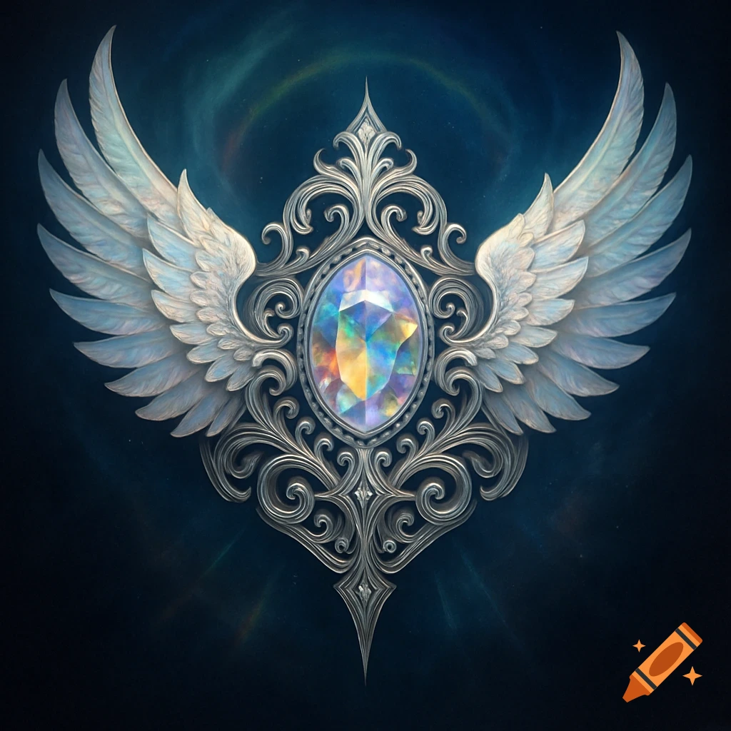 A detailed fantasy guild emblem featuring ornate silver filigree wings flanking a large, iridescent faceted crystal gem against a dark, cosmic-like background.