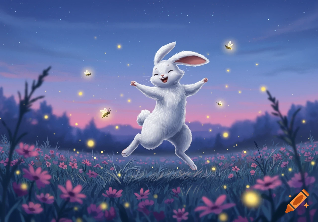 A happy white rabbit jumps with outstretched arms in a field of pink flowers and fireflies under a starry twilight sky.