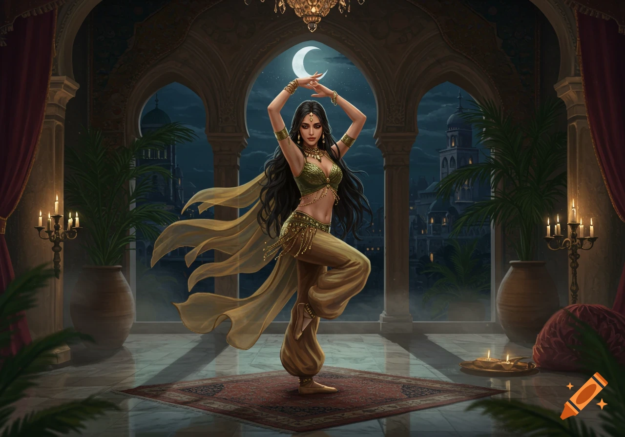 A woman in an olive green and gold belly dancing outfit poses in a grand room with arched windows overlooking a moonlit city.