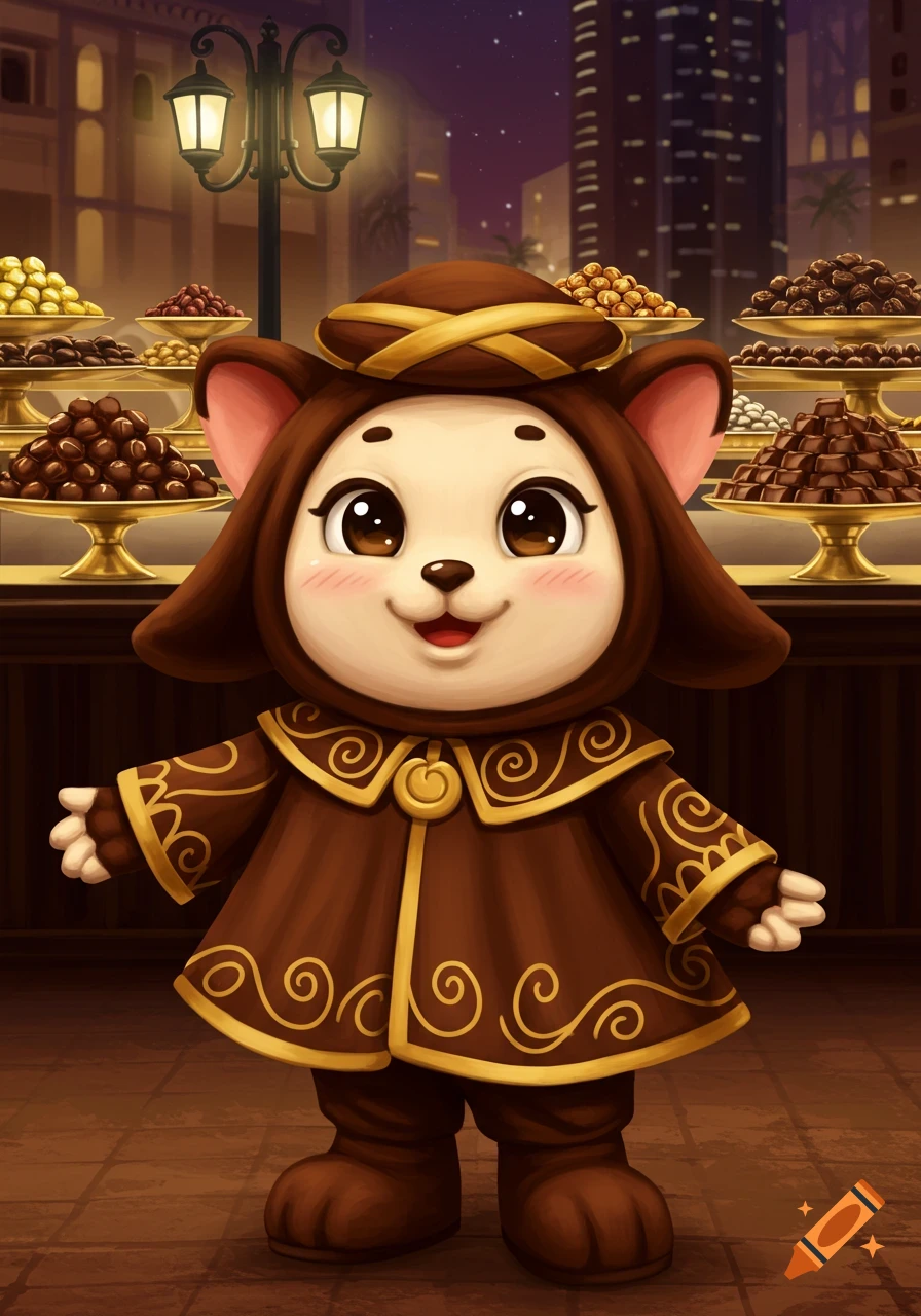 A cute, cartoon character in a brown, chocolate-themed coat with gold swirls stands in front of chocolate displays at night.