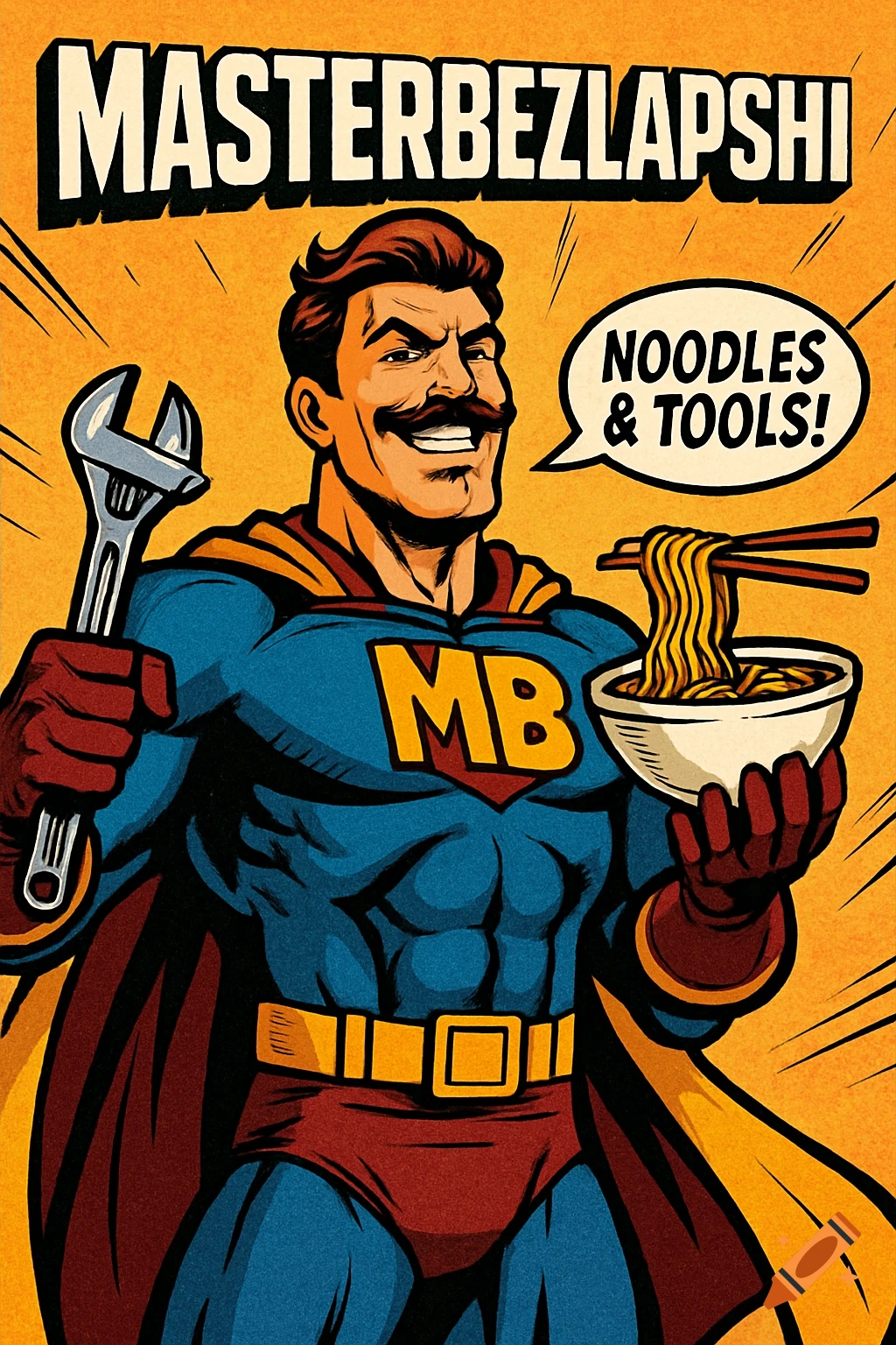 A smiling superhero with a mustache, wearing a blue, red, and yellow suit, holds a wrench in one hand and a bowl of noodles with chopsticks in the other, against a yellow comic book background with text that reads "MASTERBEZLAPSHI" and "NOODLES & TOOLS!"