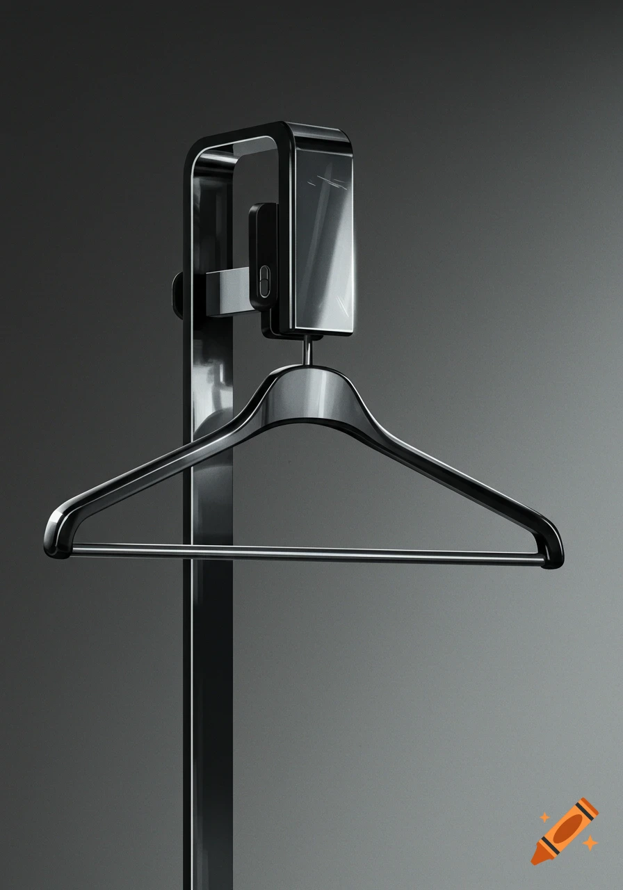 A sleek, modern metallic clothing hanger hangs on a black stand against a dark gray background, showcasing reflective surfaces.