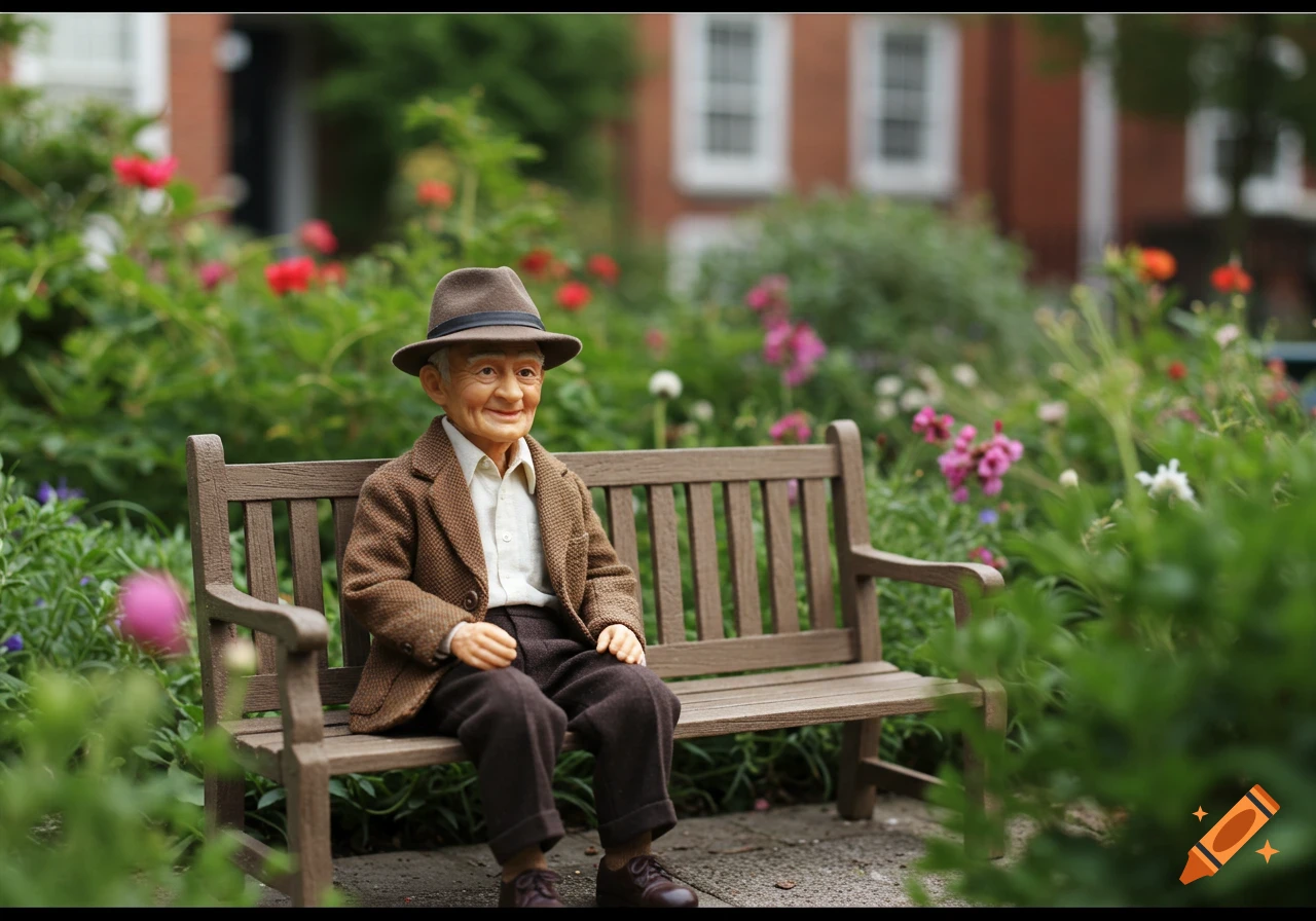A miniature doll of an old man wearing a hat and brown suit sits on a park bench surrounded by colorful flowers and green foliage.