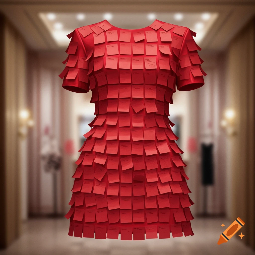 A short red dress made entirely of red sticky notes, standing in a blurred, well-lit indoor setting, in a photorealistic style.