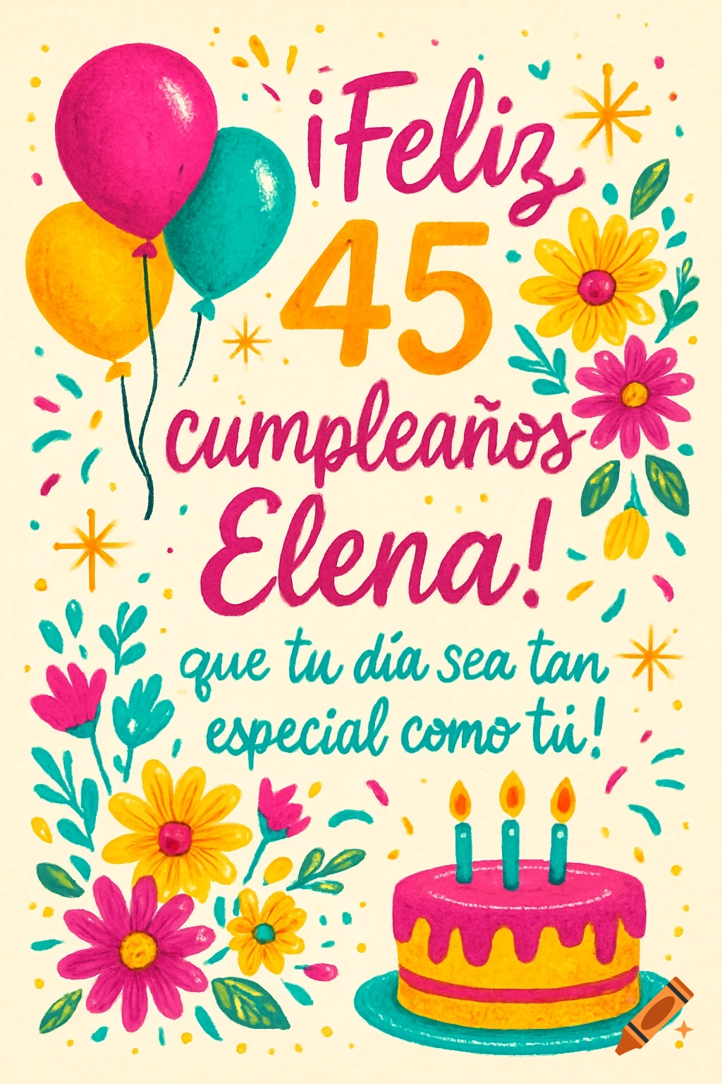 Vibrant, illustrated birthday card for 45-year-old Elena with balloons, flowers, confetti, and a pink cake with candles.