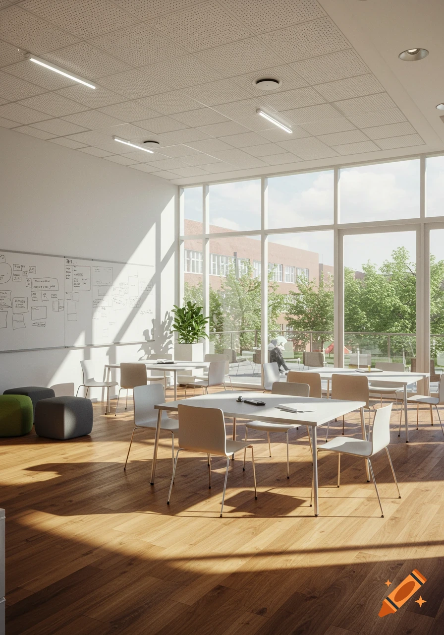 Bright, modern university group study room with large windows, wooden floor, white tables, chairs, and whiteboards.