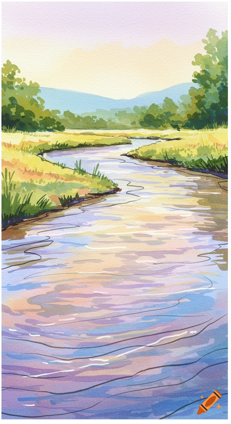 A vibrant watercolor and ink painting of a winding river flowing through a sunlit grassy field with trees and distant hills.