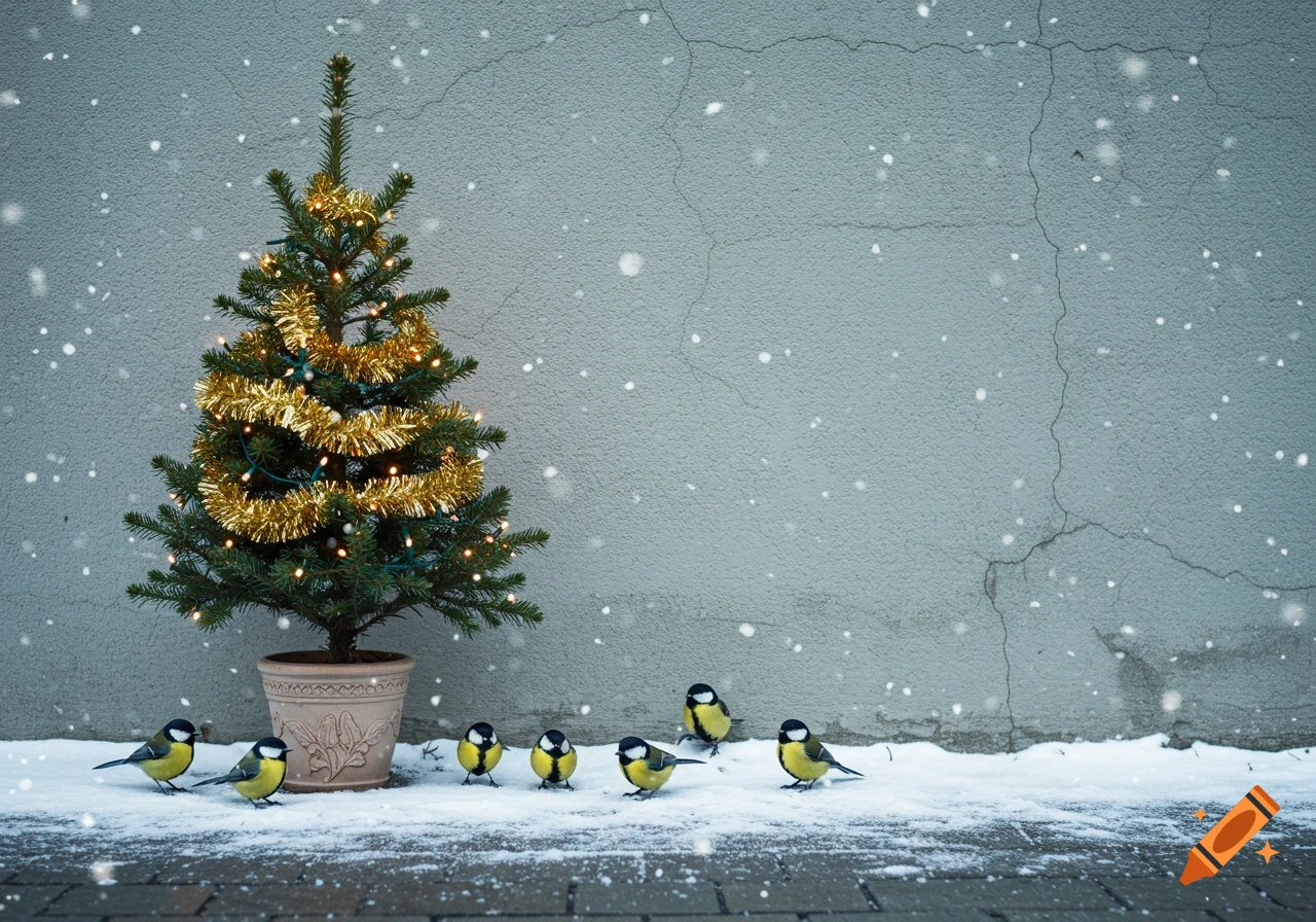 A decorated Christmas tree in a pot sits on a snowy sidewalk with great tits, against a gray wall as snowflakes fall.