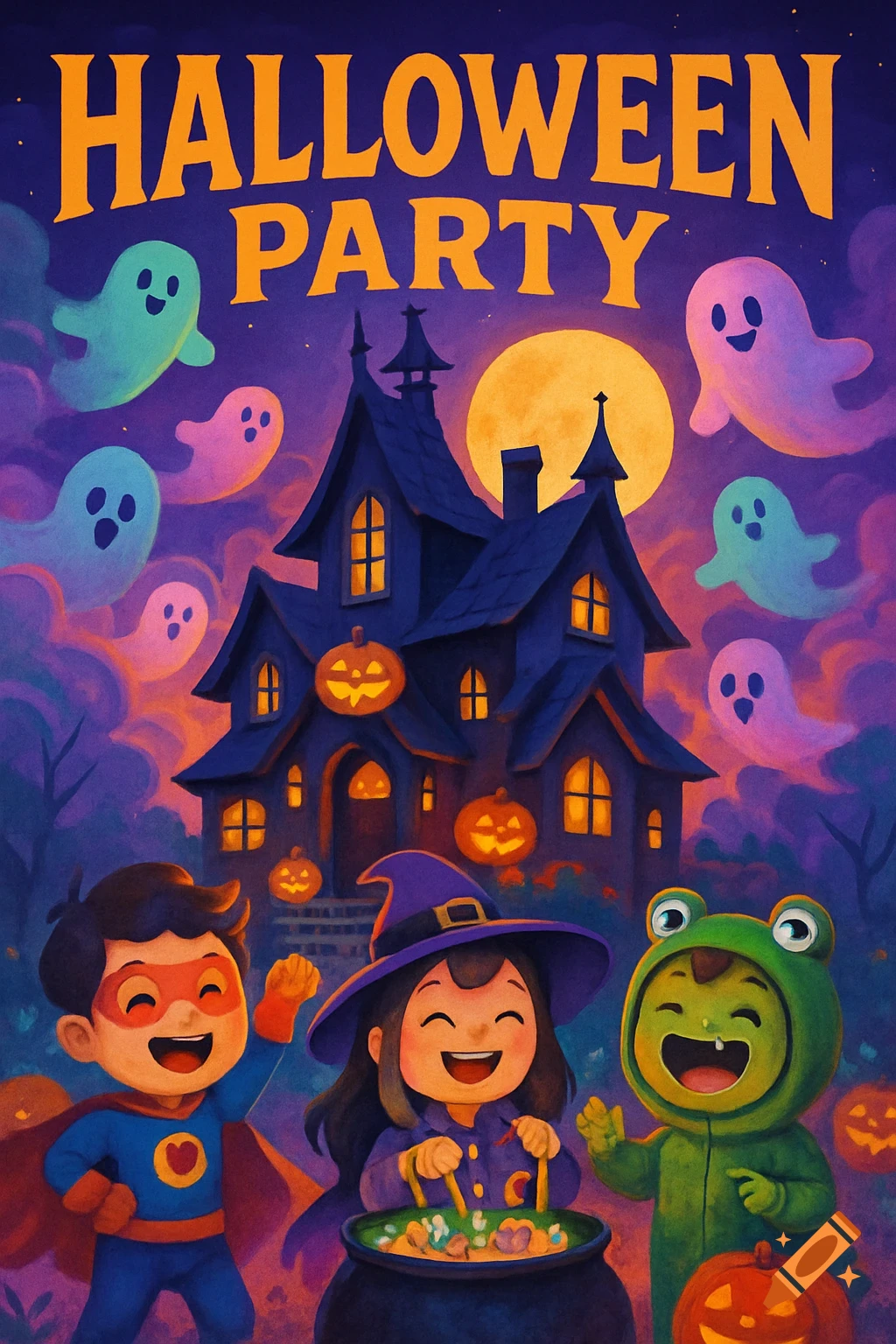 A colorful, stylized illustration of a Halloween Party poster with three kids in costumes, a haunted house, full moon, and ghosts. Text: HALLOWEEN PARTY.