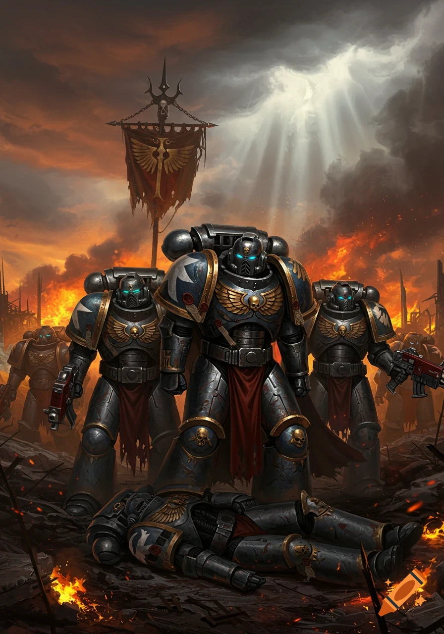 Three Warhammer 40k Space Marines stand over a fallen comrade on a fiery, ruined battlefield, with light piercing dark clouds.