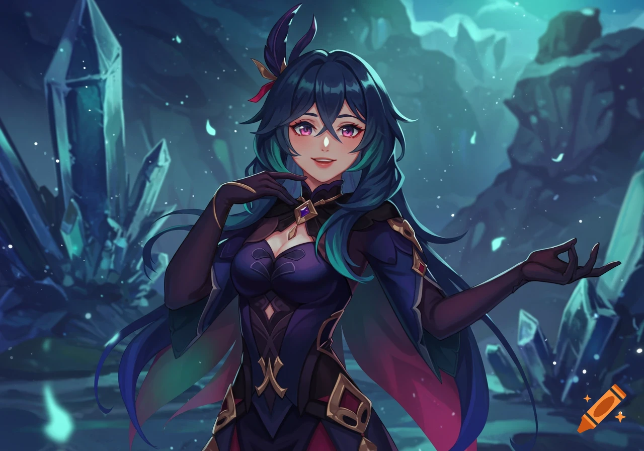 Anime character Columbina from Genshin Impact smiling in a dark, crystal-filled cavern.