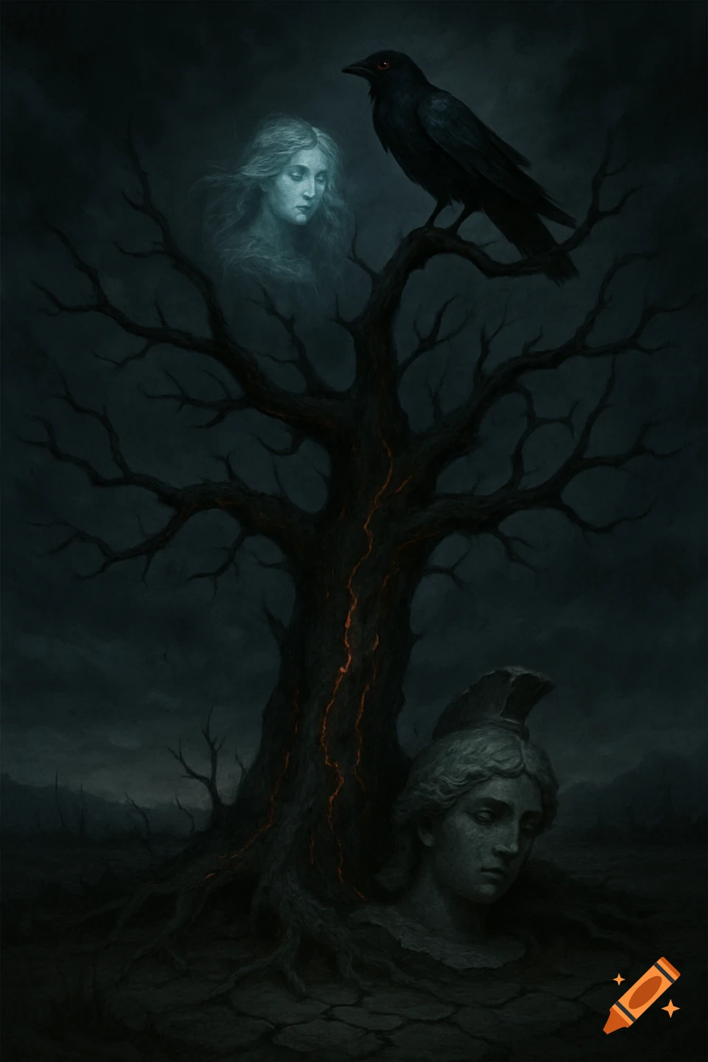 A dark, somber illustration of a skeletal tree with glowing cracks. A ghostly woman floats above, a raven perches on a branch, and a cracked stone bust is at the base.