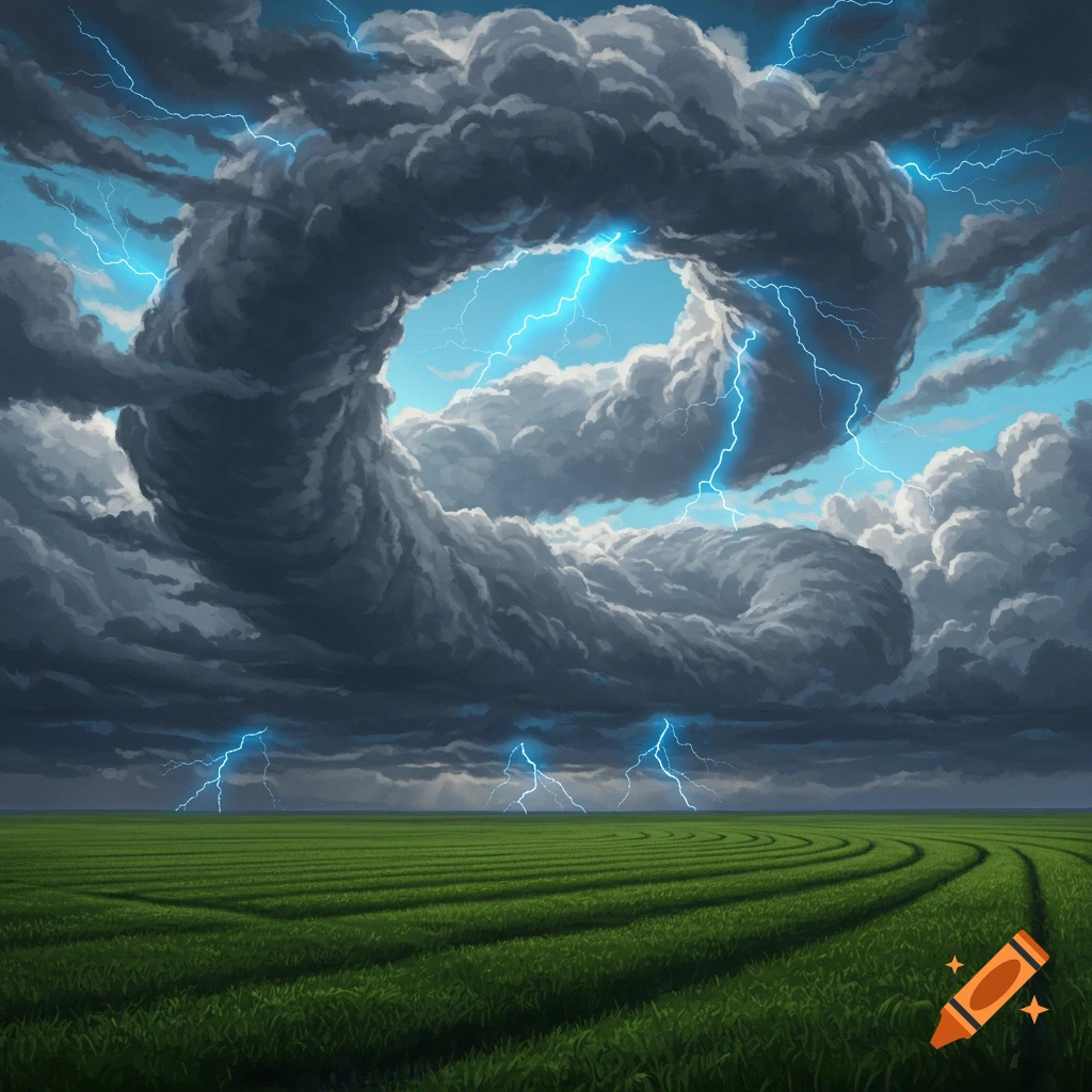 A giant, snake-like storm cloud with bright lightning twists above a vibrant green field under a dramatic sky.