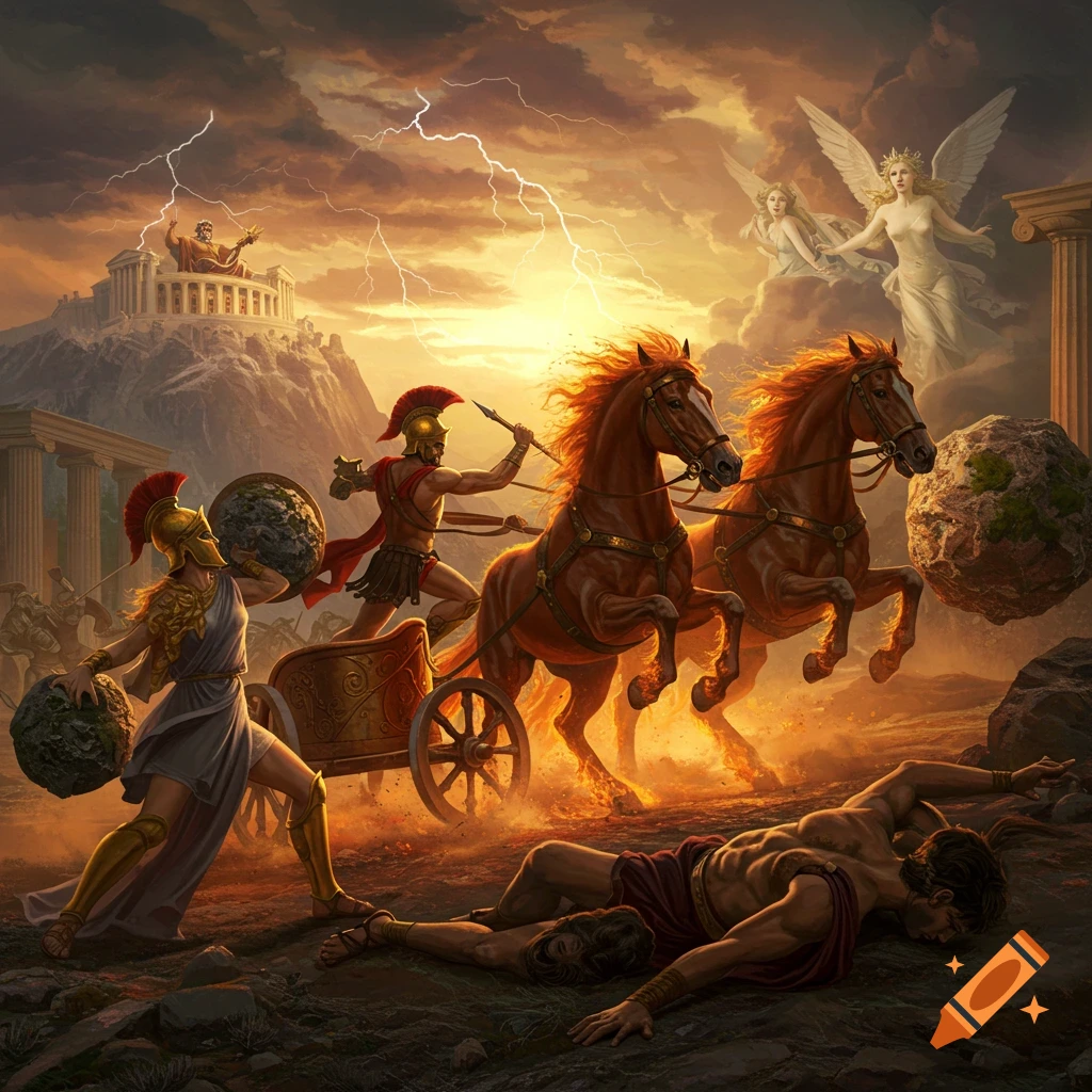 Epic mythological battle painting. Athena hurls a boulder at Ares in a fiery chariot as Zeus looms on Mount Olympus under stormy golden-hour skies.