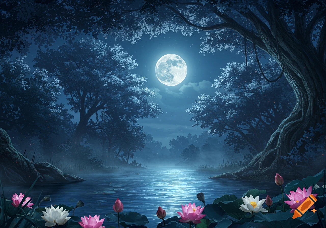 Full moon glowing over a tranquil lake with pink and white water lilies in a dark, fantasy forest at night.