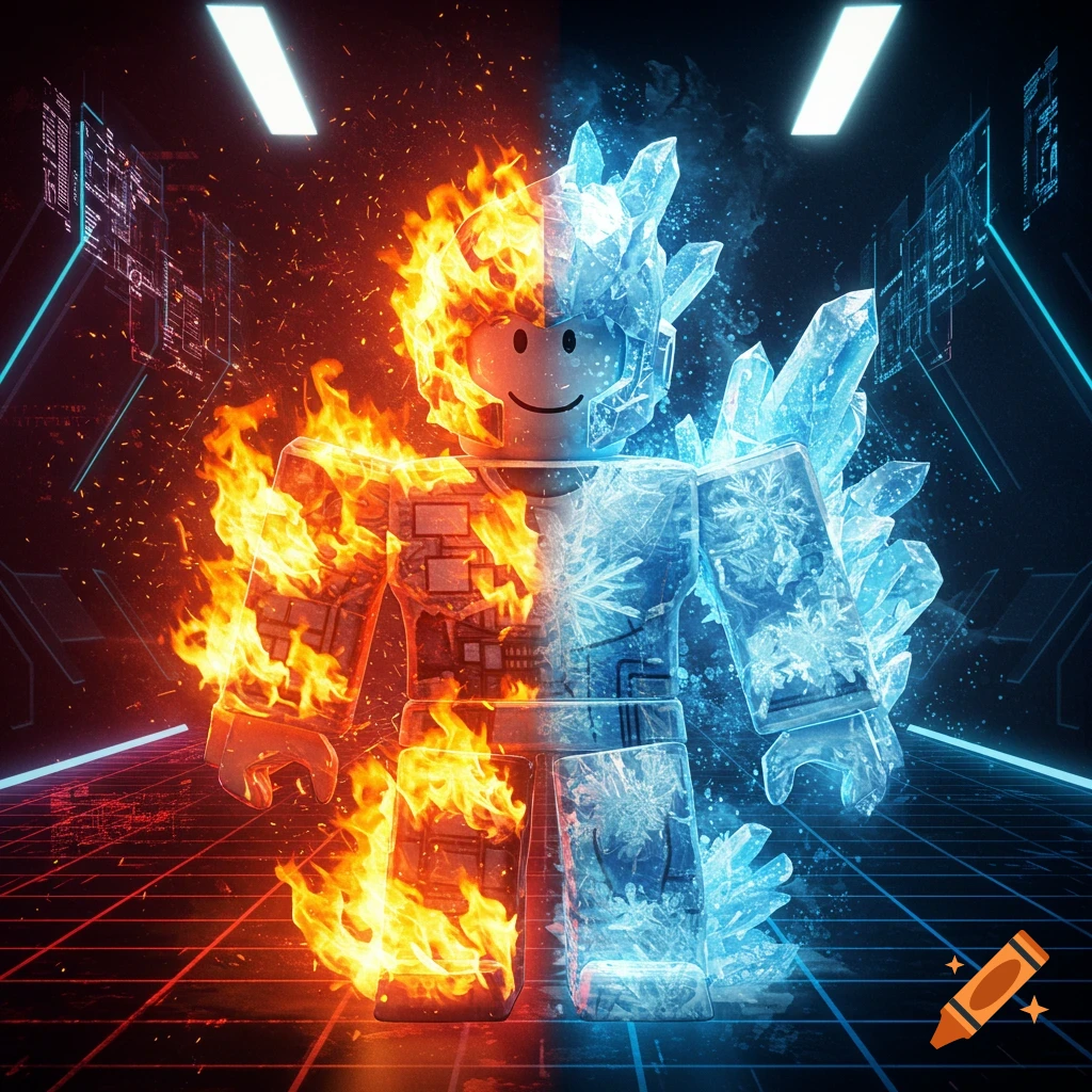 A Roblox avatar, half consumed by orange flames and half made of glowing blue ice, stands in a futuristic, neon-lit environment.