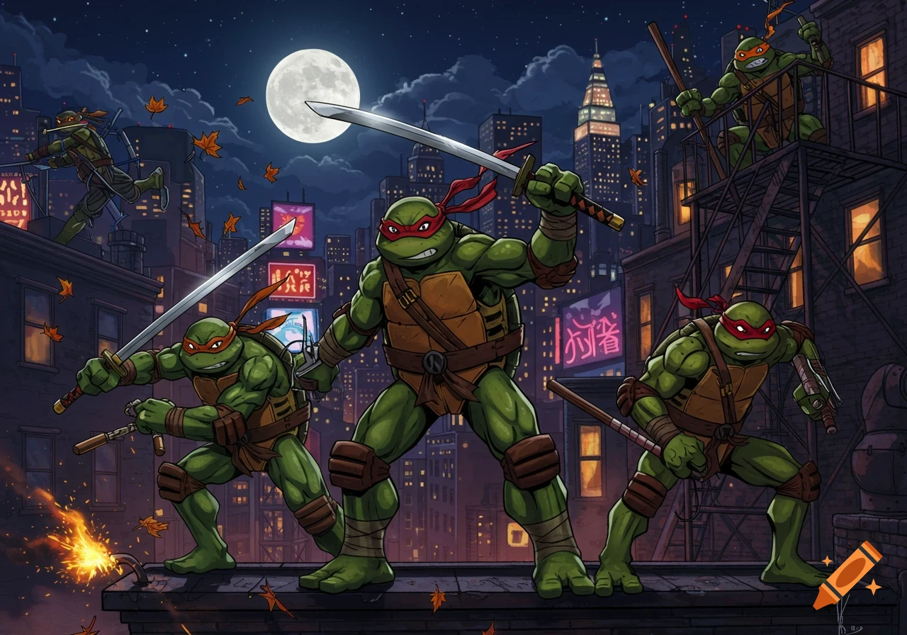 Four Teenage Mutant Ninja Turtles, armed with weapons, stand ready for action on a moonlit rooftop overlooking a sprawling city with neon signs.