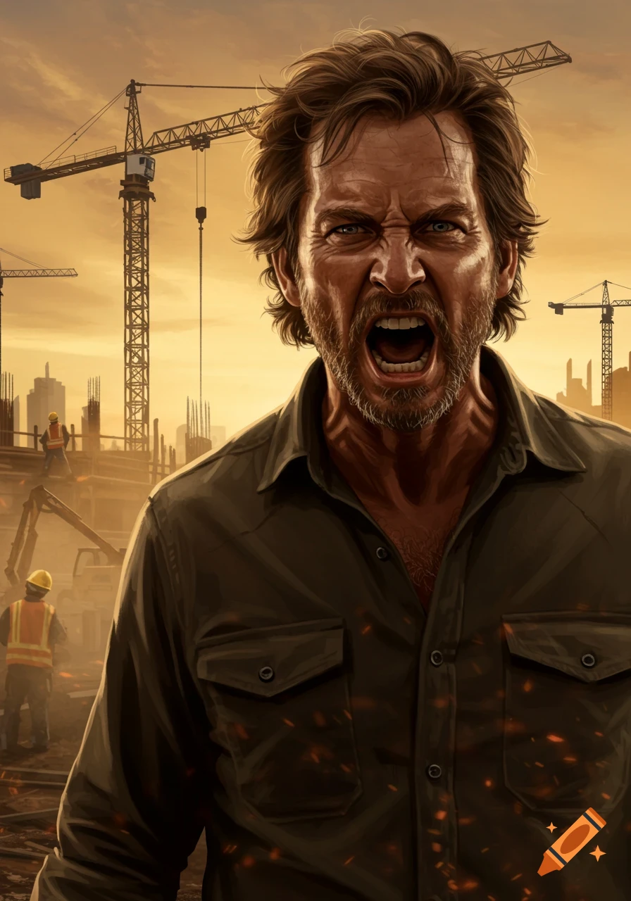An angry man with brown hair and a beard screams intensely at a construction site with cranes and workers under an orange sky, in an illustrative style.