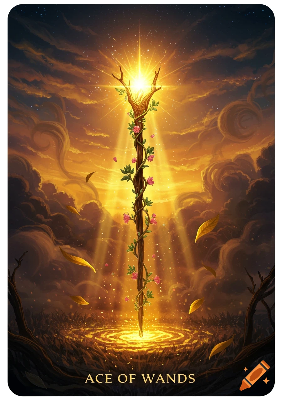A vibrant fantasy digital painting of an Ace of Wands tarot card, with a glowing staff entwined with vines and flowers against an orange and dark sky.