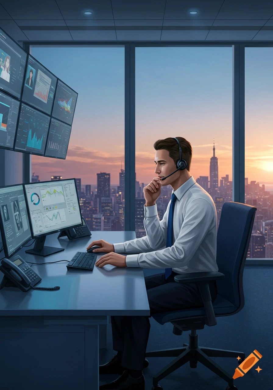 A man with a headset works at a desk with multiple computer screens displaying data, overlooking a city skyline at sunset.