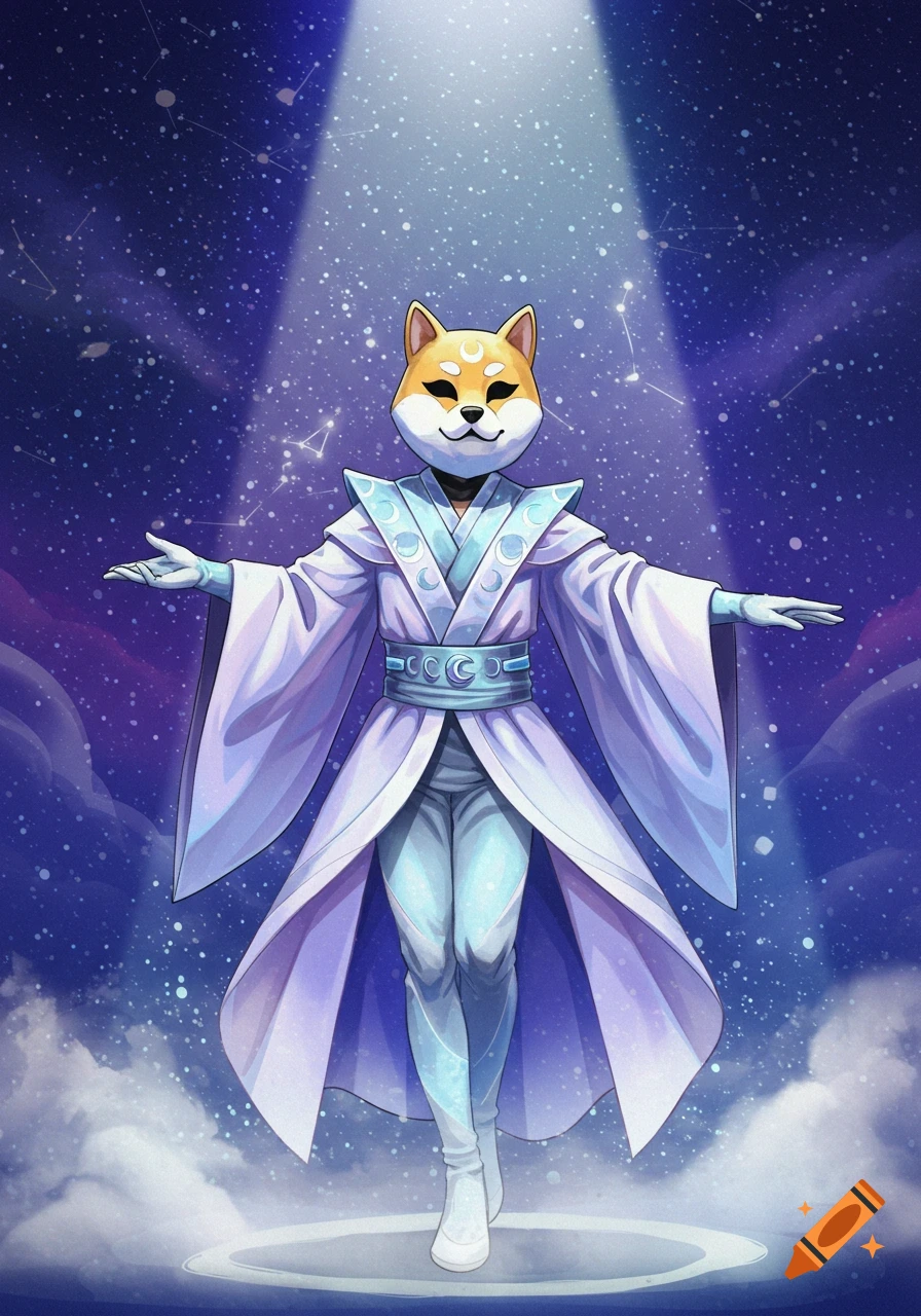 A cartoon shiba inu character in a white and blue cosmic robe stands under a spotlight in a starry, cloud-filled night sky.