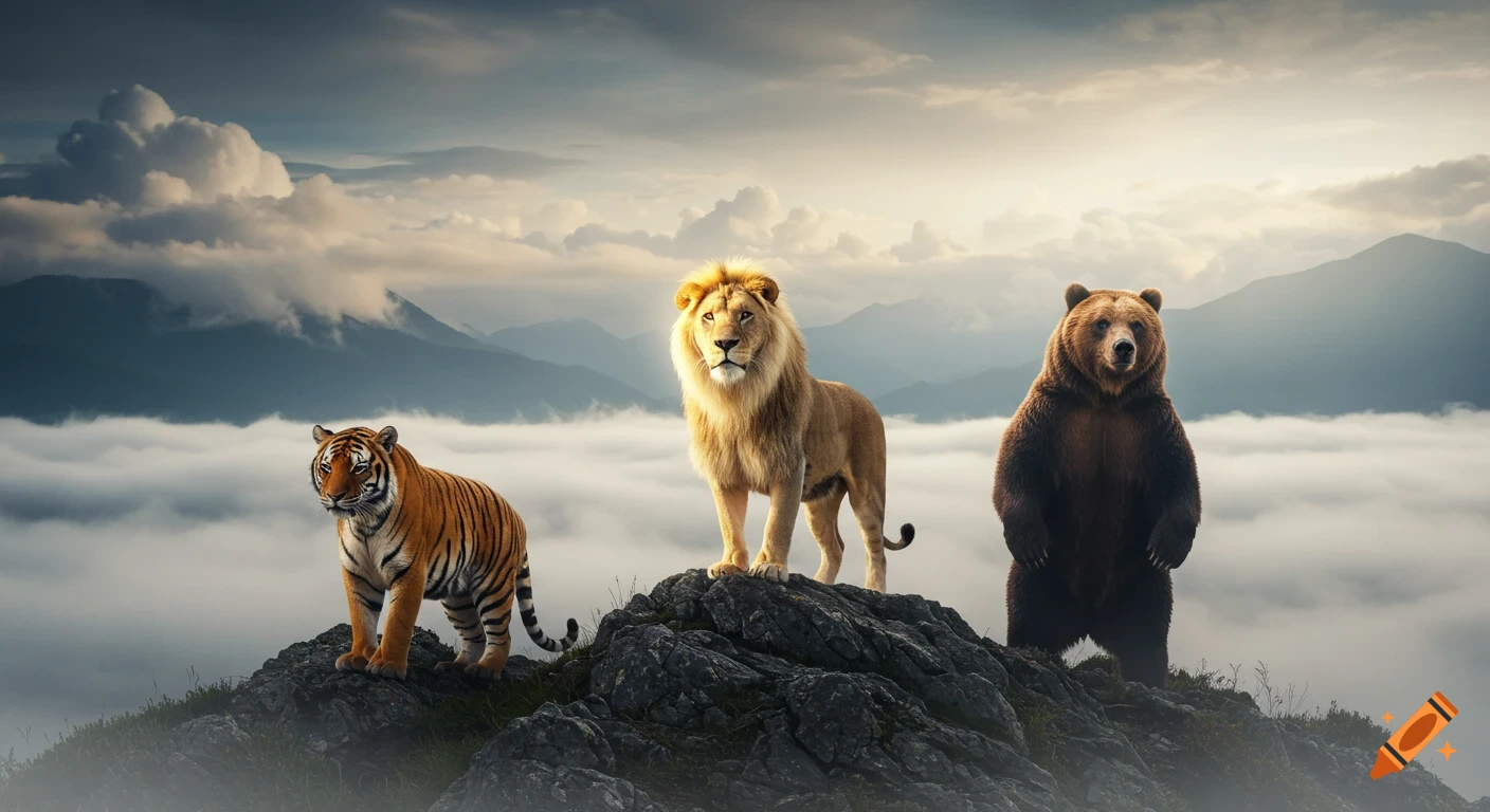 A photorealistic image of a tiger, lion, and bear standing majestically on a rocky mountain ridge overlooking a misty, cloud-filled landscape.
