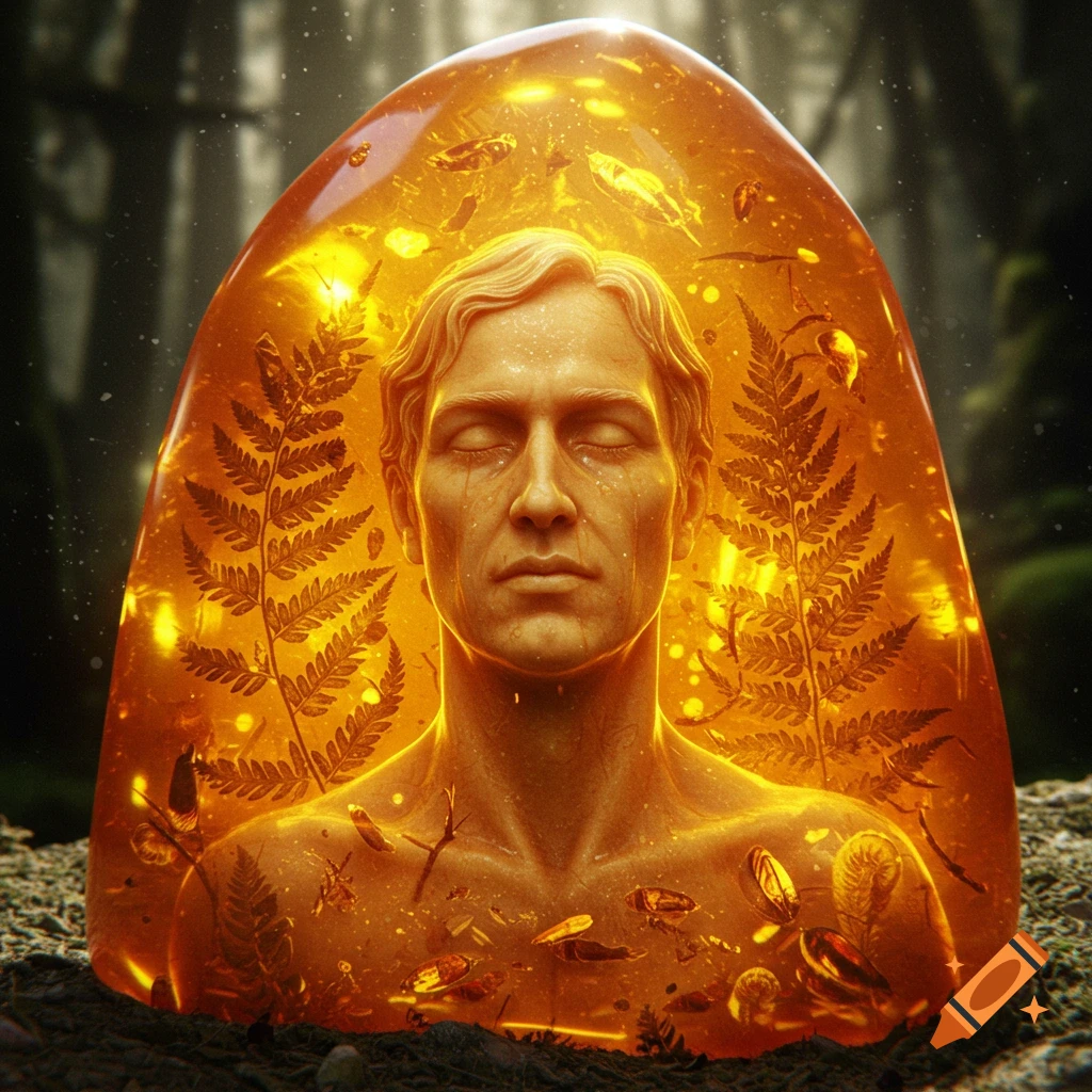 A man with closed eyes and a serene expression is encased in golden, glowing amber along with ferns and insects, set in a dark forest.