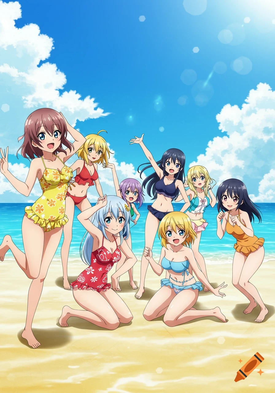 Eight anime girls in colorful swimsuits pose happily on a sandy beach under a clear blue sky.