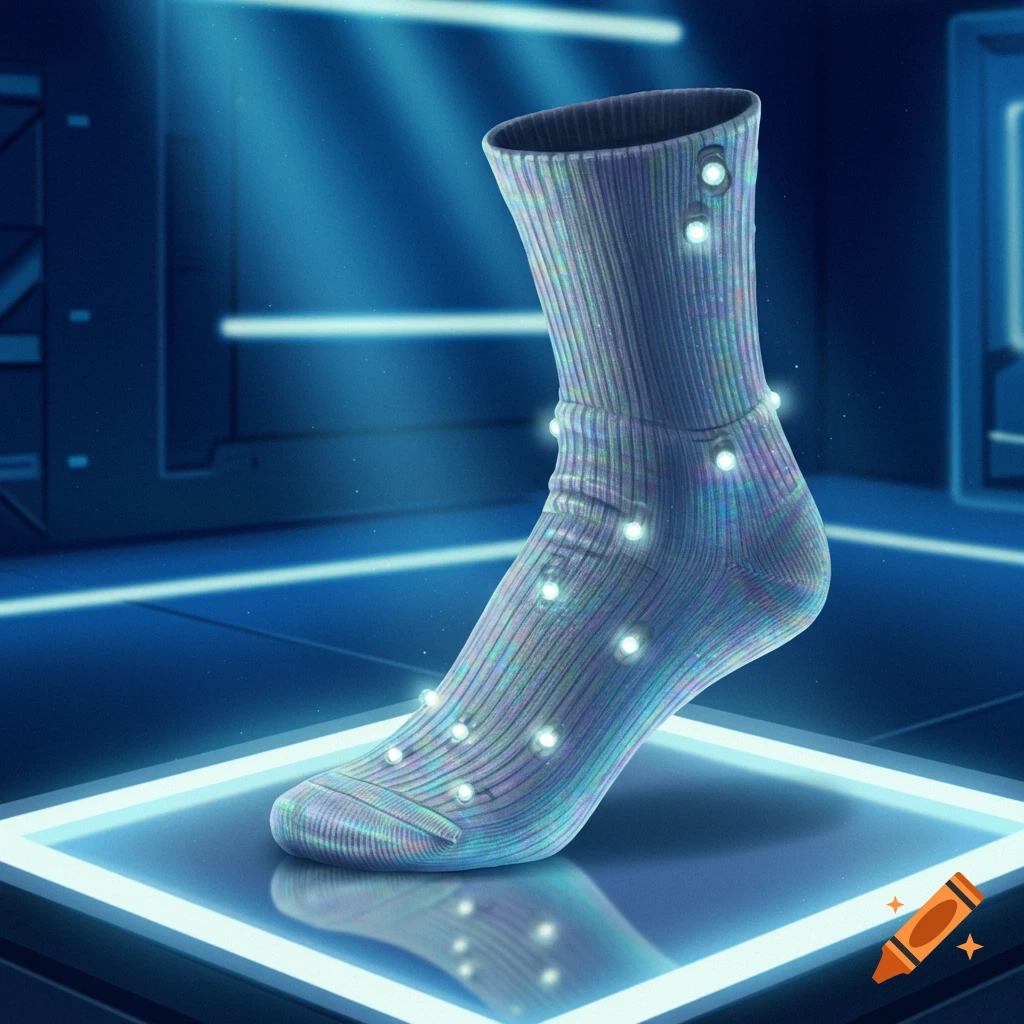 A futuristic, iridescent, ribbed sock with glowing points floats in a neon blue, sci-fi chamber.