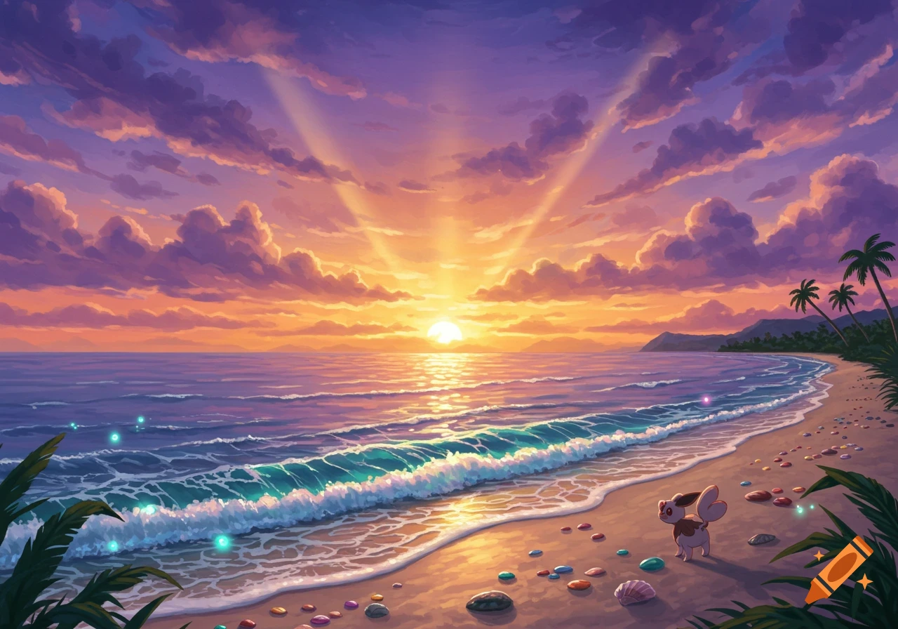 Vibrant illustration of a small Eevee-like creature on a tropical beach at sunset, with purple clouds and glowing waves.