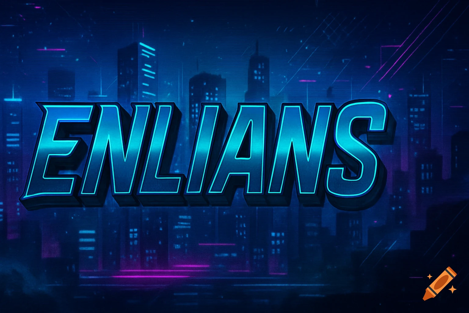 Stylized blue-green text 'ENLIANS' with a glowing outline against a neon blue and pink cyberpunk city background.