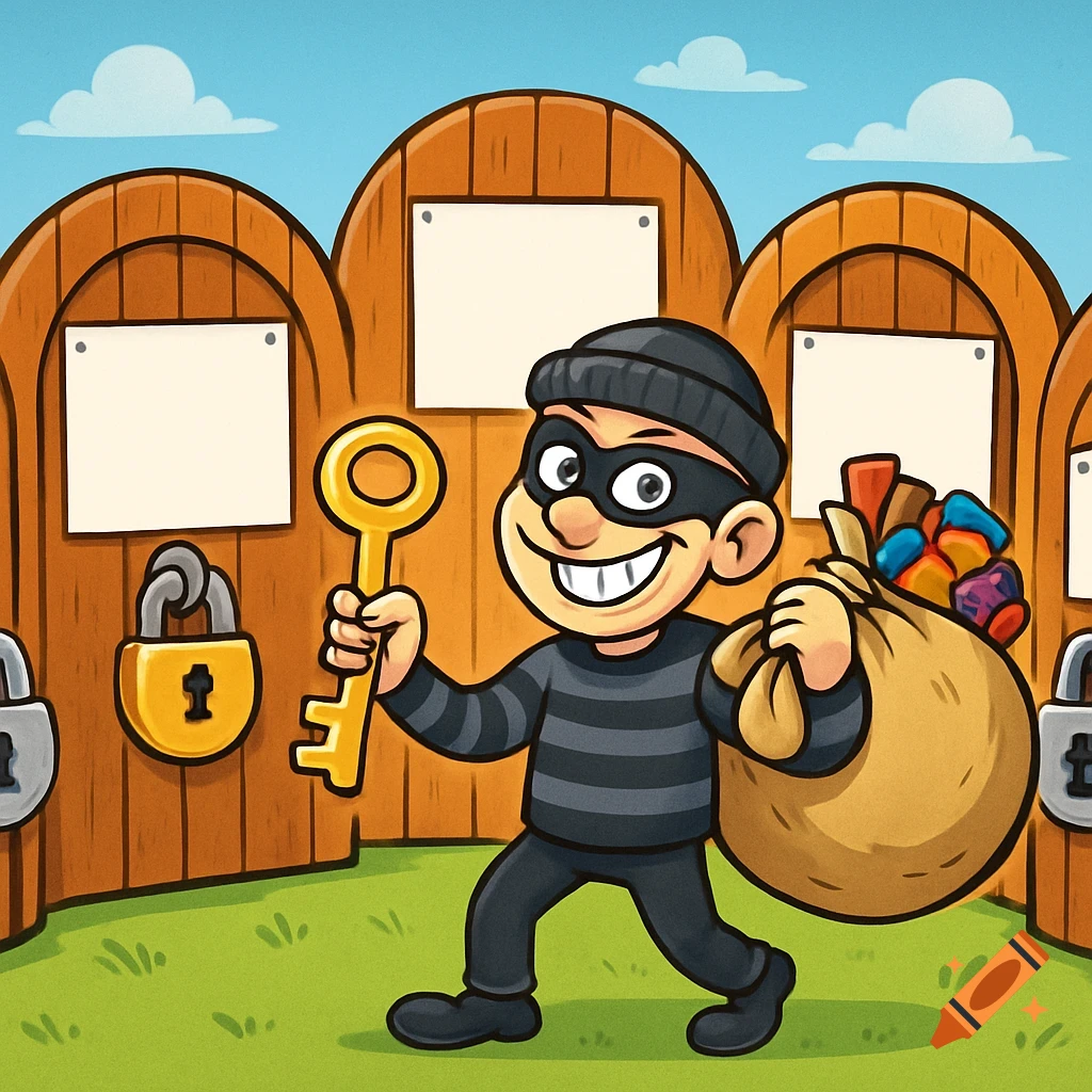 A grinning cartoon thief holds a giant golden key and a sack of loot in front of wooden doors with padlocks.