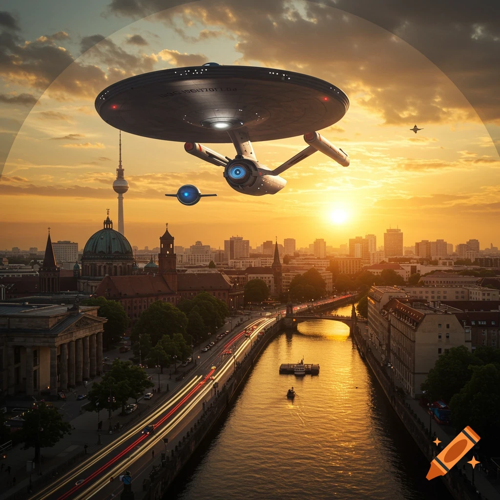 A futuristic spaceship hovers over a vibrant Berlin cityscape at sunset, with light trails on roads and a river below.