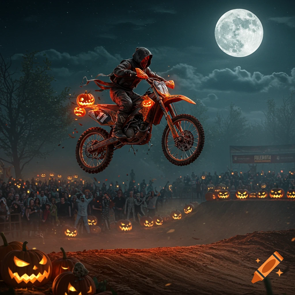 A headless rider on a Halloween-themed dirt bike jumps over a track lined with jack-o'-lanterns and a crowd under a full moon.