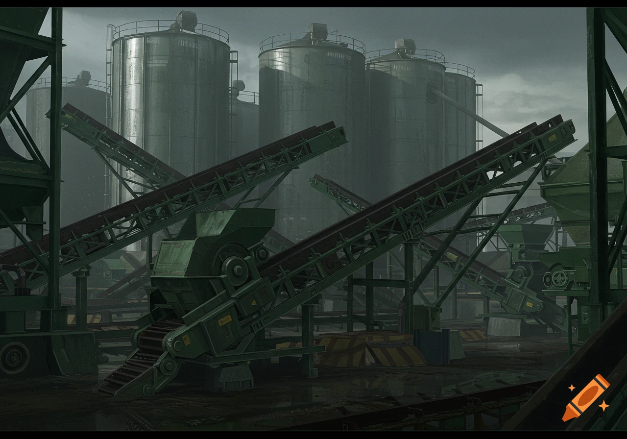 A dark green and steel industrial complex with large silos and conveyor belts under a cloudy sky.