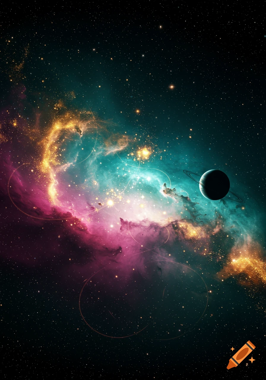 A visually stunning nebula in pink, gold, and turquoise hues, illuminated by countless stars, with a ringed planet floating on the right.