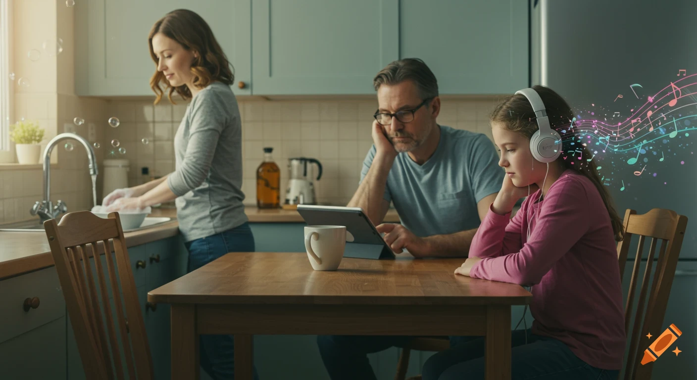 A family in a kitchen, with a woman washing dishes, a man using a tablet, and a girl listening to music with headphones, photorealistic.