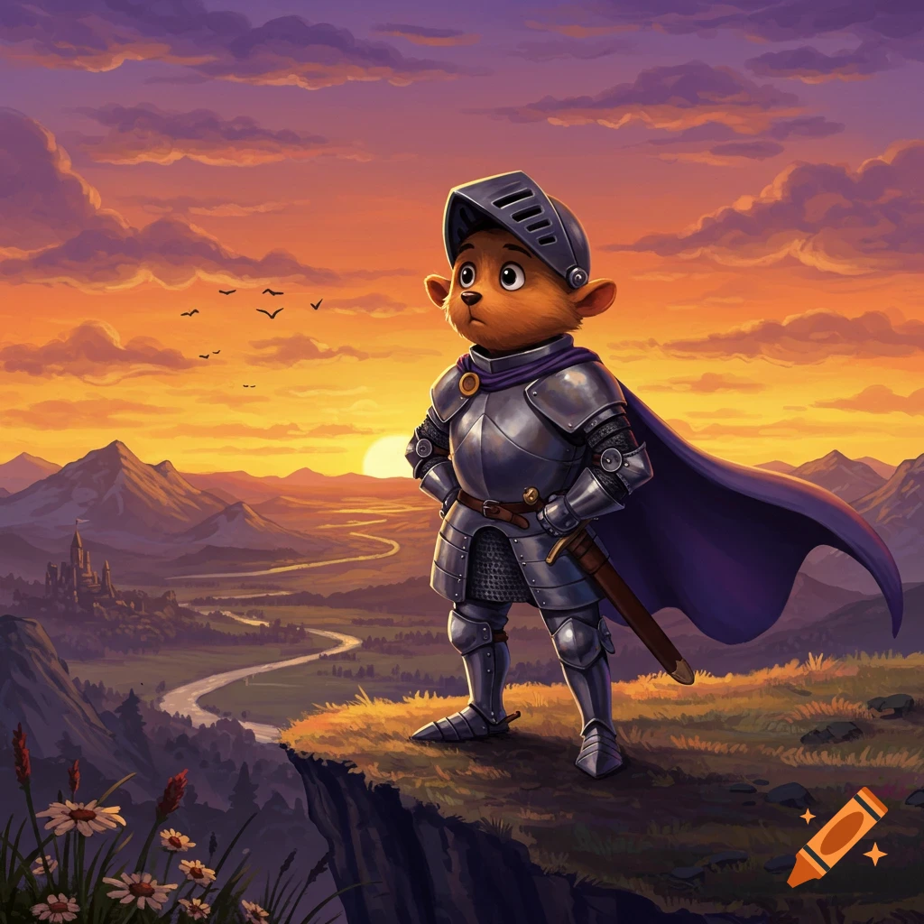 A cartoon knight, a small furry creature in shining armor, stands on a cliff admiring a vibrant fantasy sunset landscape.