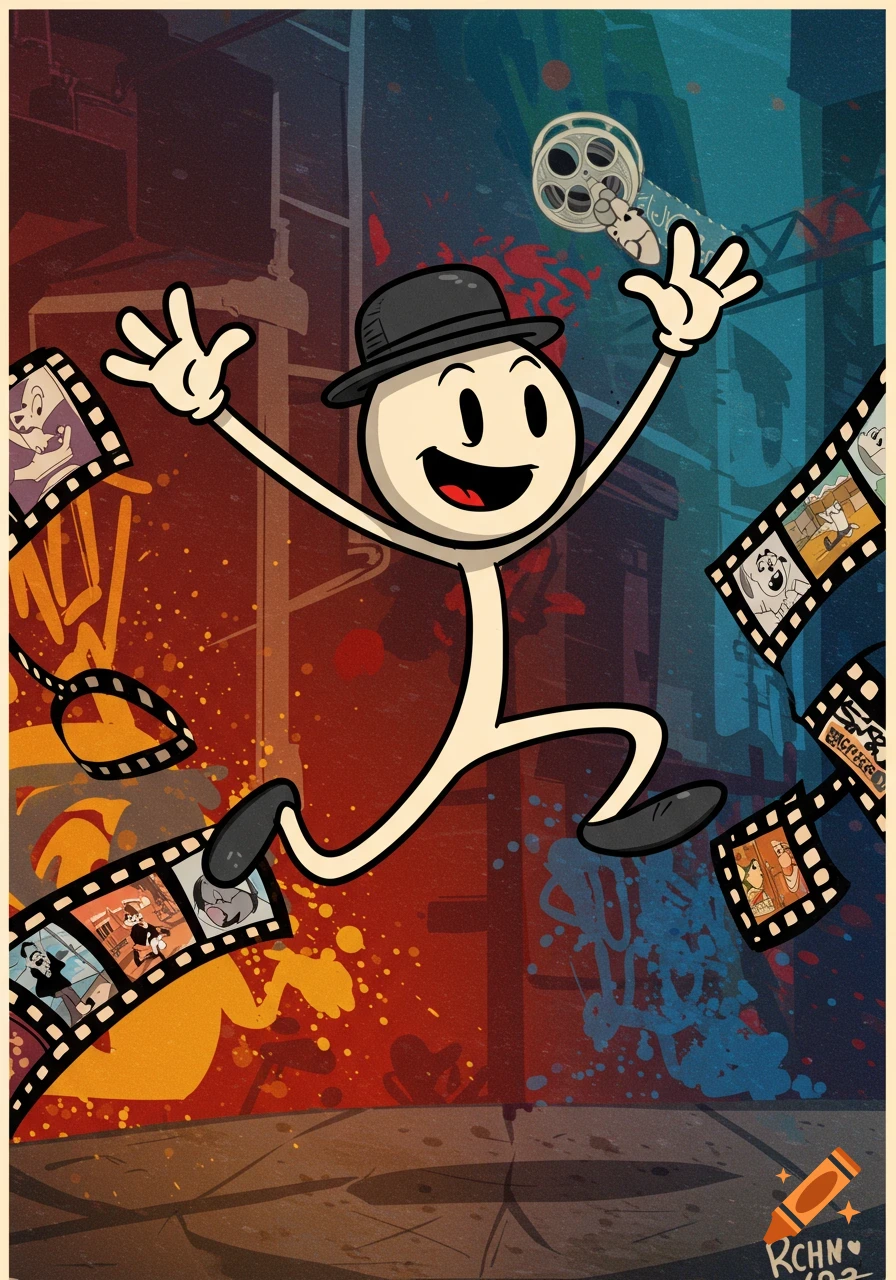 A stylized cartoon poster of a happy stickman in a bowler hat, jumping amidst swirling film reels and city graffiti, celebrating animation.