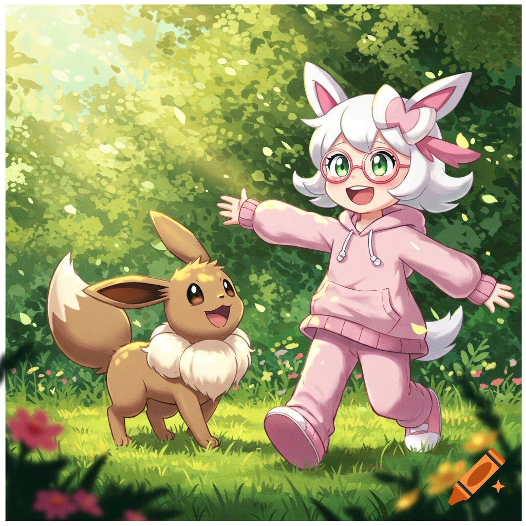 A white anime girl with bunny ears and pink glasses in a pink hoodie runs happily with an Eevee in a lush green forest.