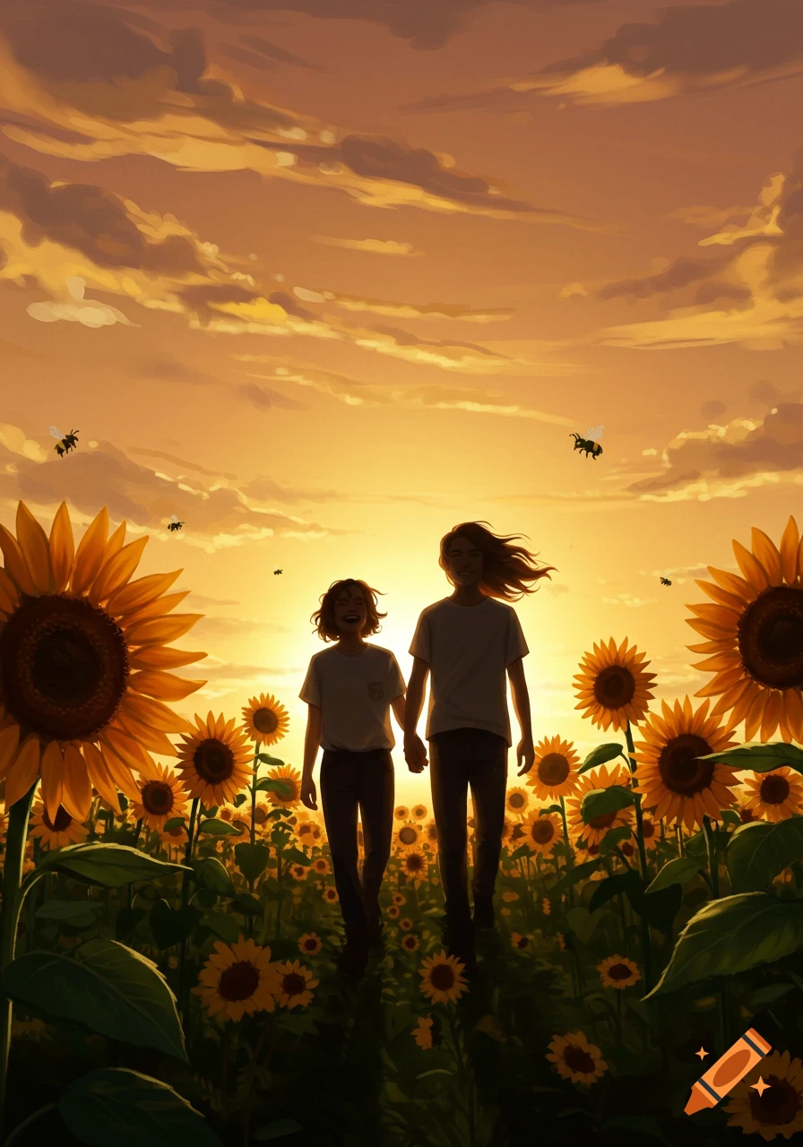 Two people holding hands, silhouetted against a bright sunset in a vibrant sunflower field, anime style.