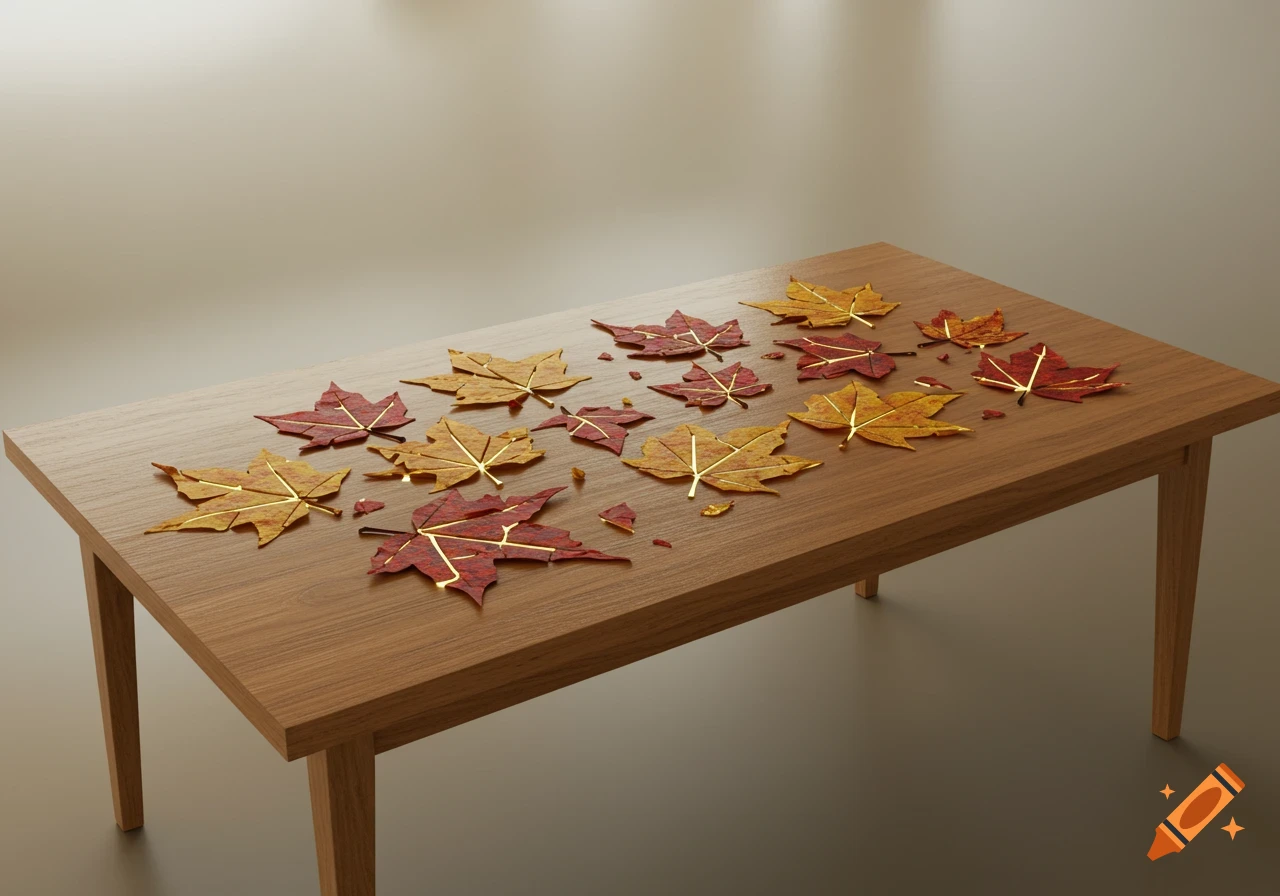 A wooden table is covered with scattered red and yellow autumn leaves, many featuring decorative gold veins or cracks.