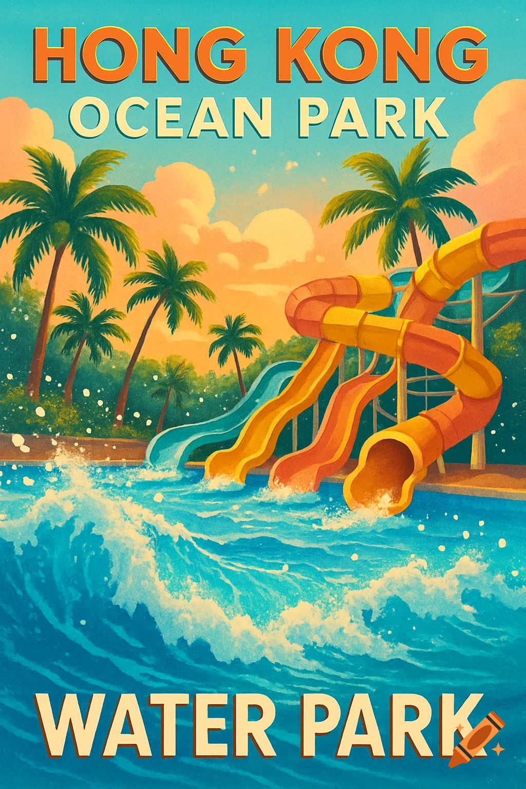 A vibrant vintage-style travel poster depicts a Hong Kong Ocean Park Water Park with blue water, orange slides, and palm trees.