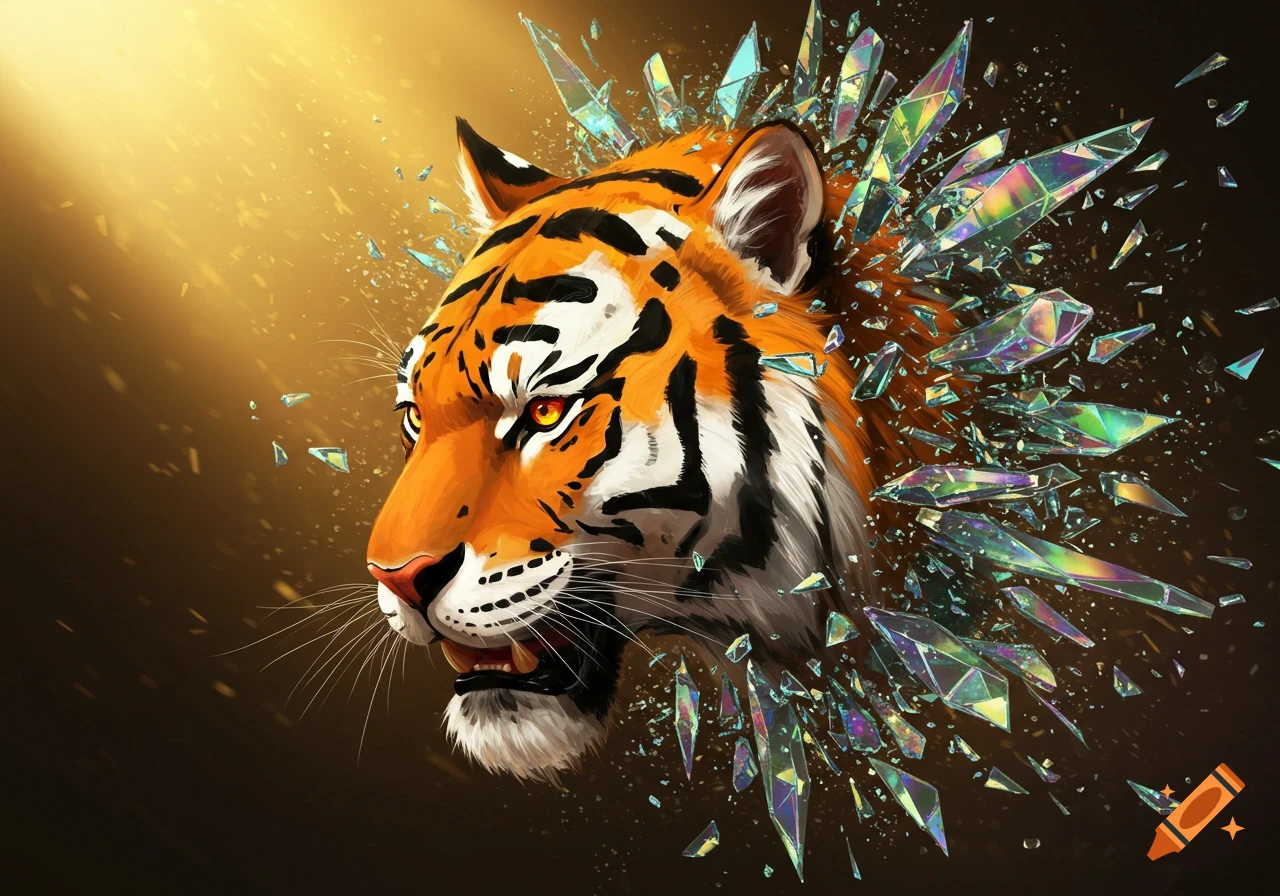 Vibrant digital art of a tiger head bursting through colorful, iridescent shattered glass.