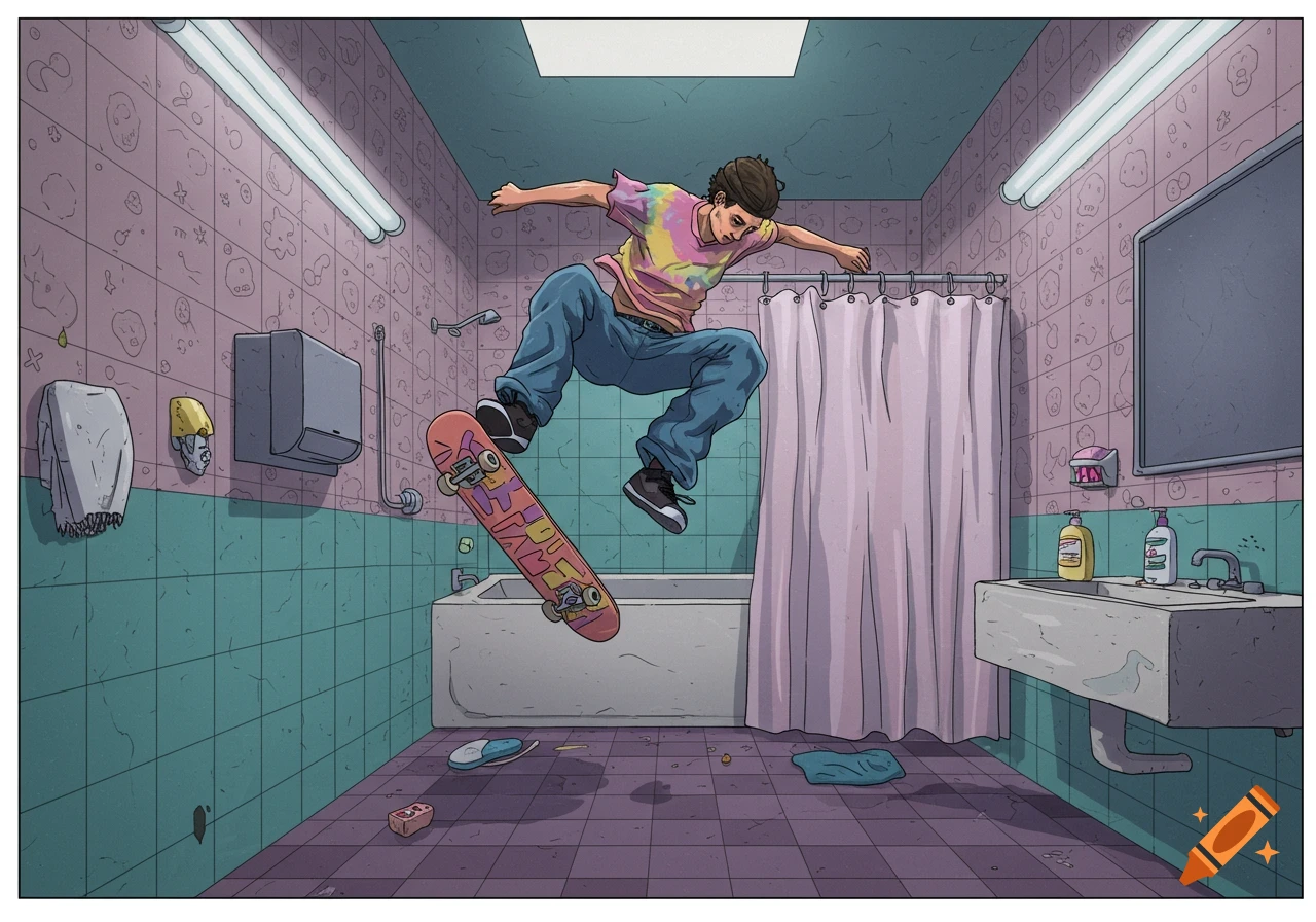 Illustration of a male skater in a tie-dye shirt doing a flip trick over a bathtub in a grungy 90s-style bathroom.